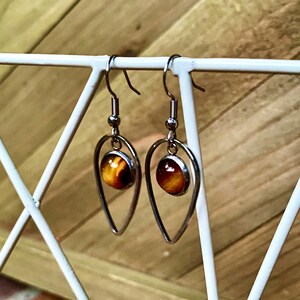 Tiger’s Eye Gemstone dangling Earrings, silver, Brown Tigers Eye, teardrop, cameo, 8mm stone, natural, handmade, USA, stainless steel