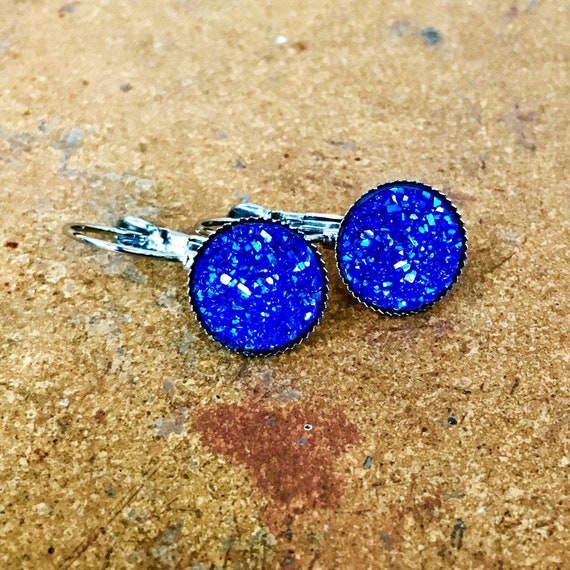 Blue Round Druzy Earrings