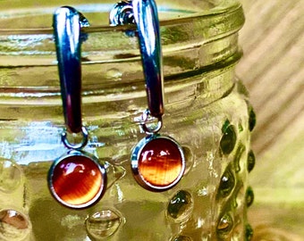 Orange Cat's Eye Gemstone Danging Earrings, 6mm Round, Charm, Orange Moonstone, Stainless Steel Earring posts, Natural, stone, handmade, USA