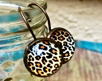 Handmade Cheetah Print Earrings: Bronze Lever-Back Dangle Earrings