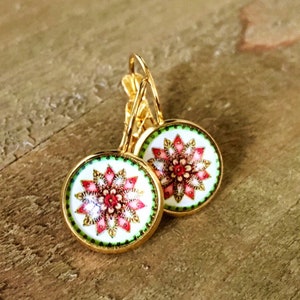 Lotus Flower Glass lever-back earrings, Gold, 12mm, glass cabochon, handmade, dangling, yoga jewelry , zen, boho, lever back, floral, USA