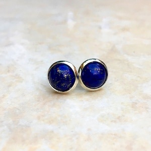 Lapis Lazuli Gemstone Studs, Gunmetal, 8mm round, small Earring Posts, Natural, Semi-Precious, Gemstone, Blue Stone, Lapis Lazuli stud