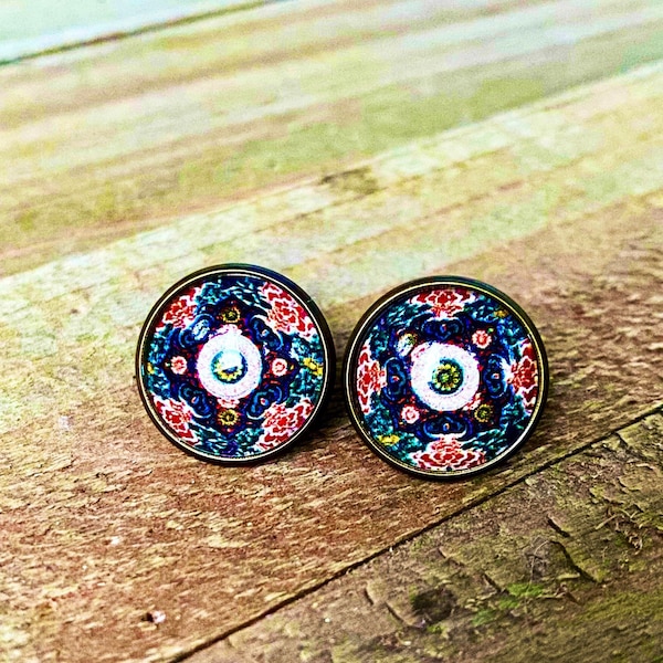 Radiant Boho Ohrstecker, Bronze, USA, 16mm, Hellblau, Glas, Handmade, rund, Bild, Indie, faux Plugs