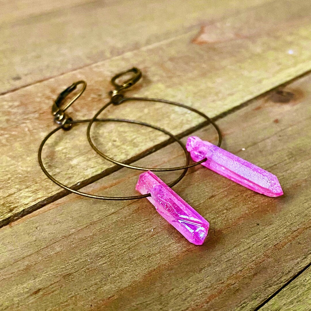 Boucles D'Oreilles Créoles En Rhodonite Naturelle - Pierre Rose, Monture Plaqué Or, Dormeuses, Neuf