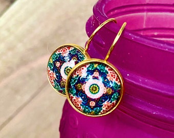 Beautiful Bohemian Lever-back Earrings, Gold, 14mm, Glass, Image, Lever back earrings, Dangling, Multi-colored, Round, Colorful, boho