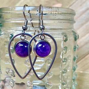 Amethyst Gemstone dangling Earrings, silver, Purple gemstone earrings, teardrop, 8mm natural genuine stone, stainless steel, tear drop