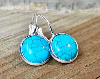 Natural Turquoise Gemstone earrings, Lever-back earrings, Sterling Silver 925, semi-precious stone, 12mm, round, leverback, handmade, USA