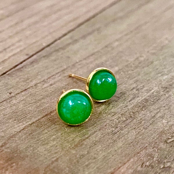 Tiny Green Jade Gemstone Studs, Gold, 6mm round, small, Earring Posts, Natural, Semi-Precious, Green Stone, Jasper stone, stud earrings