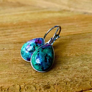 Handmade Ruby Zoisite Earrings: Stainless Steel Lever-Back Teardrop Gemstone