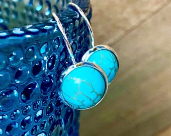 Natural Turquoise Gemstone earrings, Lever-back earrings, Sterling Silver 925, semi-precious stone, 10mm, round, leverback, handmade, USA