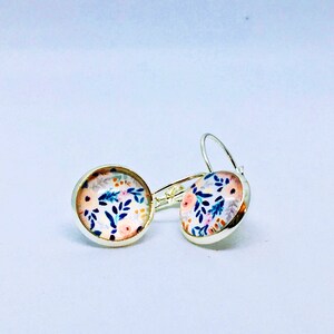 Enchanting Floral Lever-Back Earrings, 12mm, Glass Image, Handmade, Sterling Silver, Dangling, Leafs, Petals, & Flowers Photo Earrings, drop