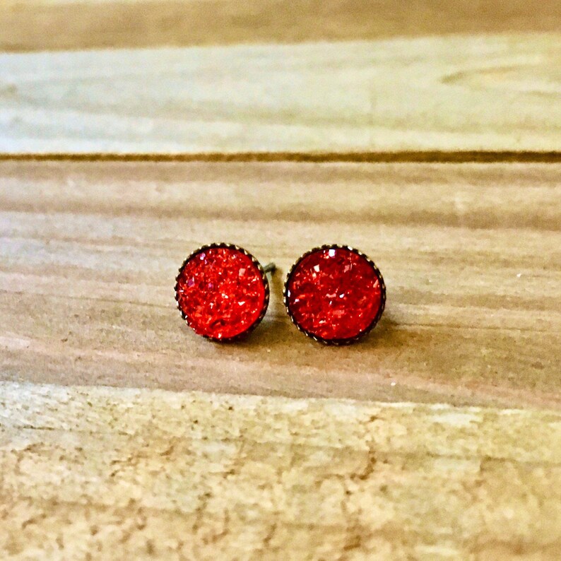 Tiny Red Druzy Quartz Stud Earrings Bronze Earring Posts Etsy