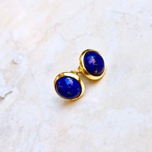 Lapis Lazuli Gemstone Studs, Gold plated, 8mm round, small Earring Posts, Natural, Semi-Precious, Gemstone, Blue Stone, Lapis Lazuli studs