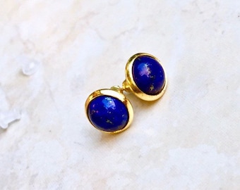 Gold Plated Lapis Lazuli Studs: Handmade Gemstone Earrings