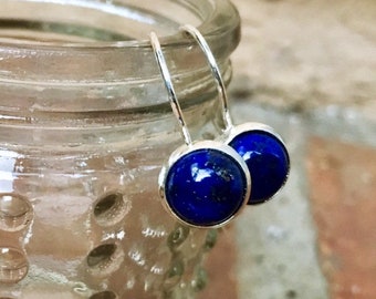 Boucles d'oreilles Lapis Lazuli Gemstone, Lever-back, Sterling Silver 925, pierre semi-précieuse, 8mm, cabochon rond, fait main, USA, bleu, pendant