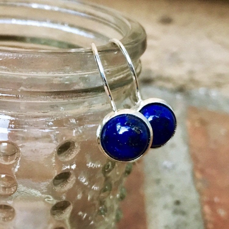 Lapis Lazuli Gemstone earrings, Lever-back, Sterling Silver 925, semi-precious stone, 8mm, round cabochon, handmade, USA, blue, dangle