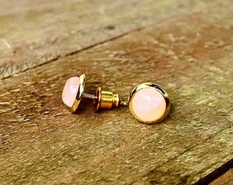 Rose Quartz Gemstone Stud Earrings, Gold, 6mm, small, Earring Posts, natural stone, Semi-precious, round, pink, quartz, gold & gemstone, USA