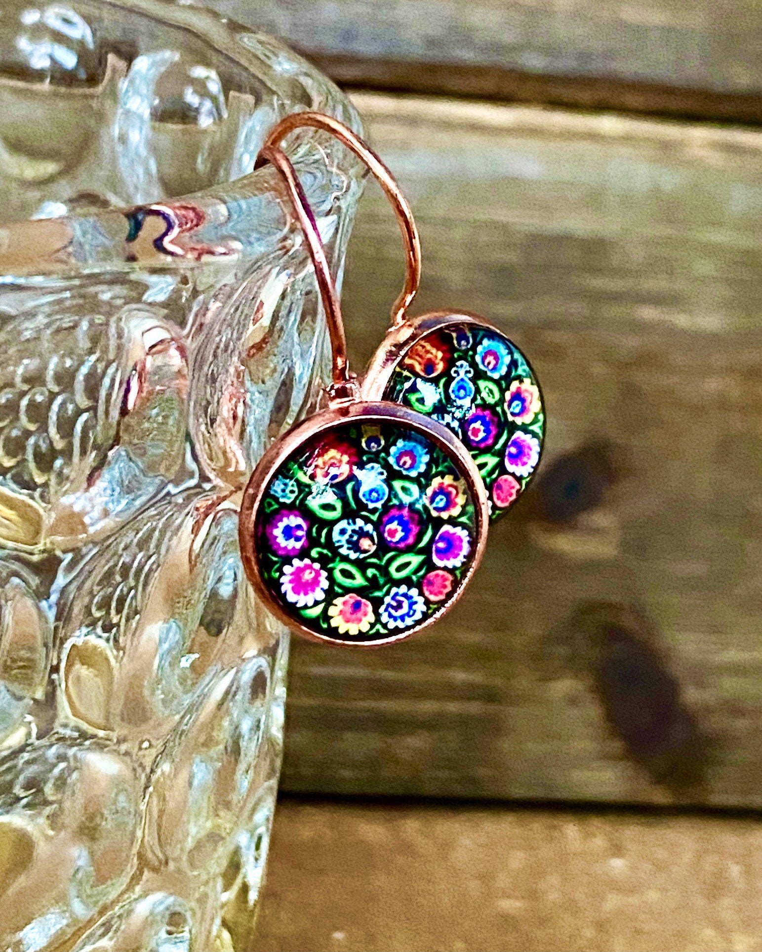 Boucles D'oreilles Dormeuses Clips - Verre Rose & Cristaux - Modèle Fleur Du Mal