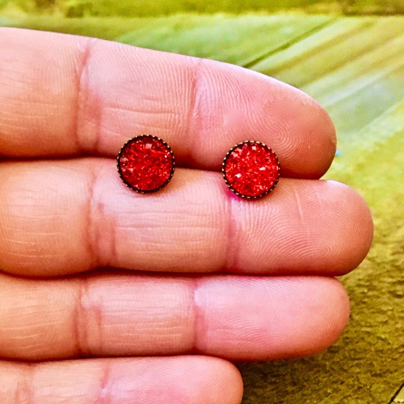 Tiny Red Druzy Quartz Stud Earrings Bronze Earring Posts Etsy