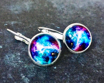 Boucles d'oreilles à levier en argent sterling CONSTELLATION GALAXY, 12mm, cabochon de verre fait à la main, boucles d'oreilles image de l'univers, bijoux étoiles et galaxie