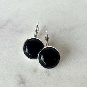 Large Onyx Gemstone Dangling earrings, Lever-back earrings, Sterling Silver .925, 16mm, round, lever back, dangling, Onyx, USA, black stone