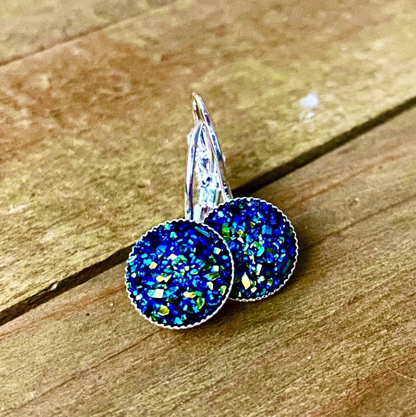 Shimmering Royal Blue Druzy Earrings Silver Lever back 10mm