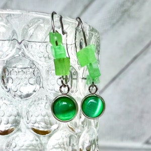 Handmade Light Green Cat&#39;s Eye Gemstone Earrings: Stainless Steel Dangle