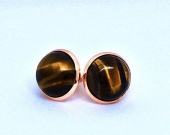 Tiger's Eye Gemstone Studs, Rose Gold Plated, USA, 12mm, Large Earring Posts, Natural Stone, Semi-Precious, Round, Brown, Tiger Eye