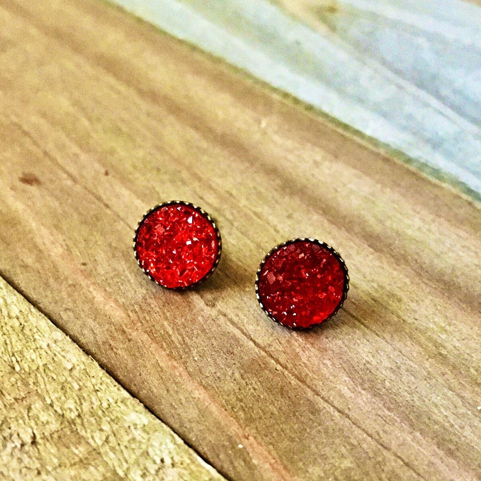 Tiny Red Druzy Quartz Stud Earrings Bronze Earring Posts Etsy