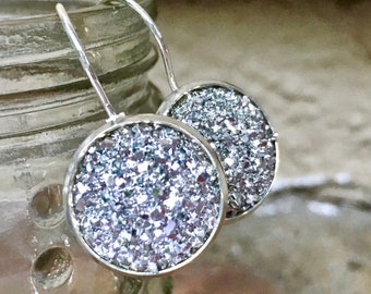Double Silver Druzy Lever-Back Earrings, Bright Silver, Sterling Silver 925 Earrings, 14mm, Faux Drusy, Metallic, USA, Large Round Druzy