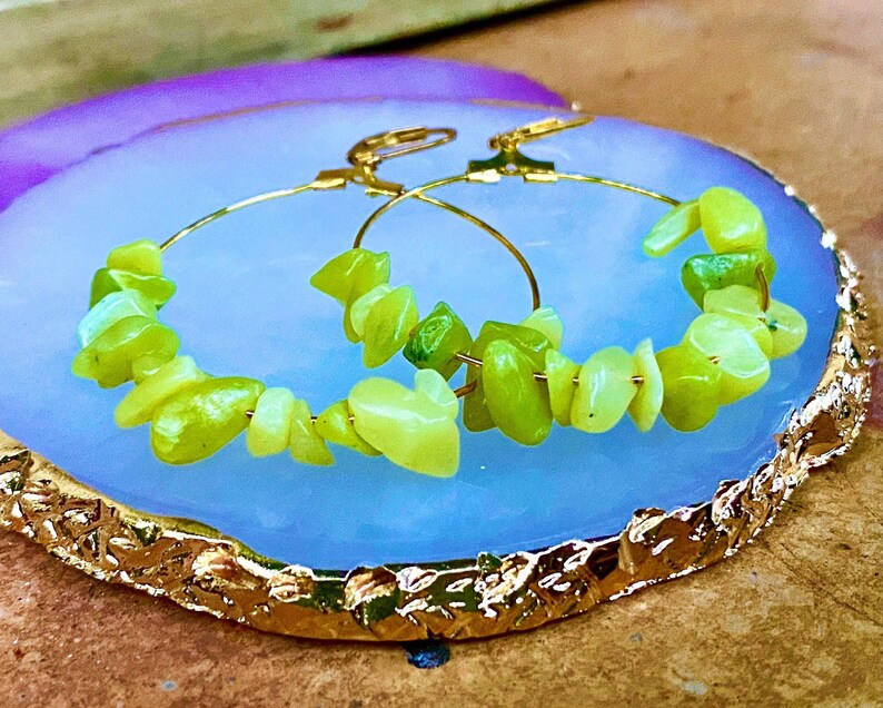 Olive Jade Gemstone Beaded Hoop Earrings Serpentine Gold Etsy