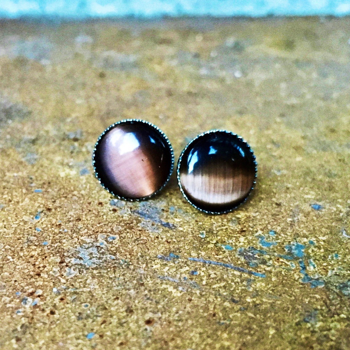 Umber Brown Cat's Eye Gemstone Stud Earrings Stainless Etsy
