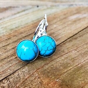 Natural Turquoise Gemstone earrings, Lever-back earrings, Silver, semi-precious stone, 10mm, round, leverback, handmade, blue, dangling image 5