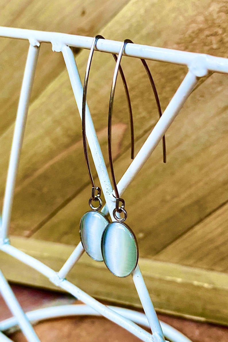 oval white stone Long cameo Earrings threader White Cat\u2019s Eye gemstone dangling Earrings Threader stainless steel