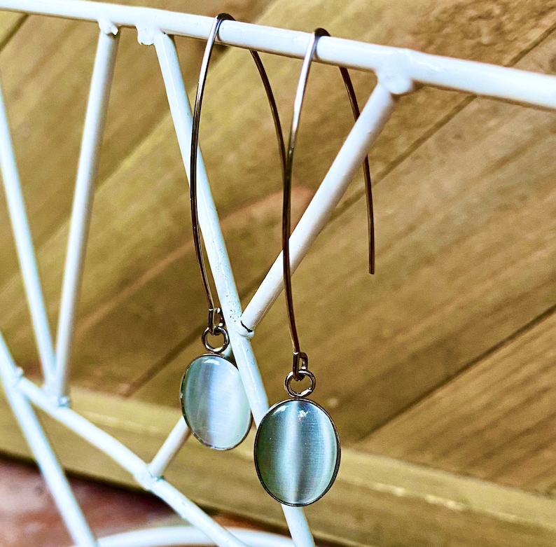 oval white stone Long cameo Earrings threader White Cat\u2019s Eye gemstone dangling Earrings Threader stainless steel