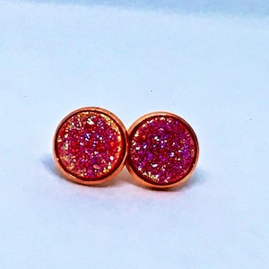 Berry Pink Druzy Quartz Stud Earrings, Glittery, Round Earring Posts, Large, Drusy, 12mm, Rose Gold, Handmade