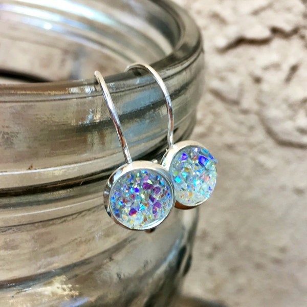 Prismatic Clear Druzy Lever-Back Earrings, 8mm Faux Druzy  Cabochons, Handmade, Sterling Silver 925, Small, Drusy Quartz, Dangling, USA