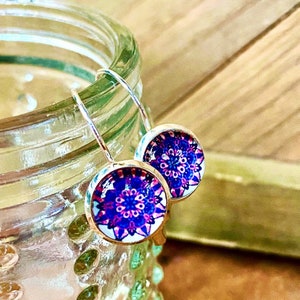 Purple Mandala Lotus Dangling Earrings, Sterling Silver 925, Lever Back, round, Glass, lever-back, floral, Purple, silver, boho, leverback