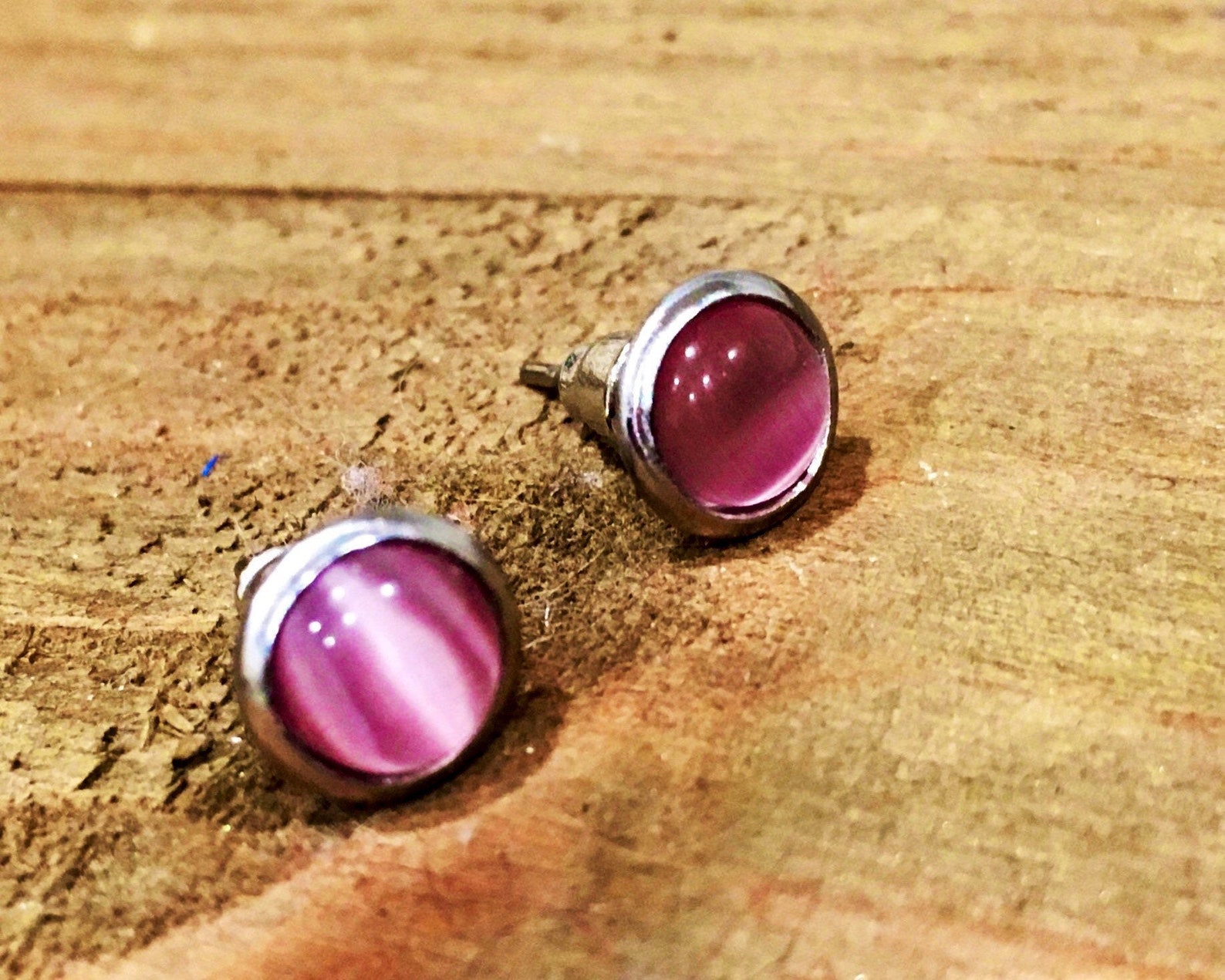 Pale Pink Cat's Eye Gemstone Stud Earrings, Stainless Steel, 6mm, Small