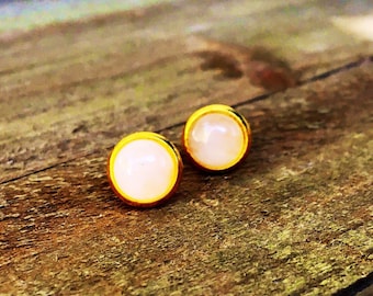 Beautiful Rose Quartz Gemstone Studs, gold, round, USA, 8mm, small, earring Posts, natural stone, Semi-precious, pink, quartz, handmade