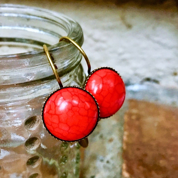 Large Red Turquoise Gemstone earrings, Lever-back earrings, Bronze, semi-precious, stone, 14mm, round, leverback, handmade, USA