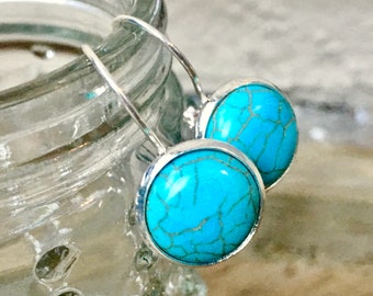 Handmade Sterling Silver Turquoise Leverback Earrings, 14mm Round Stone