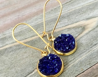 Gorgeous Navy ink blue druzy dangling earrings, 12mm round, gold, kidney earring wires, faux druzy quartz, blue crystal, gift for her, USA