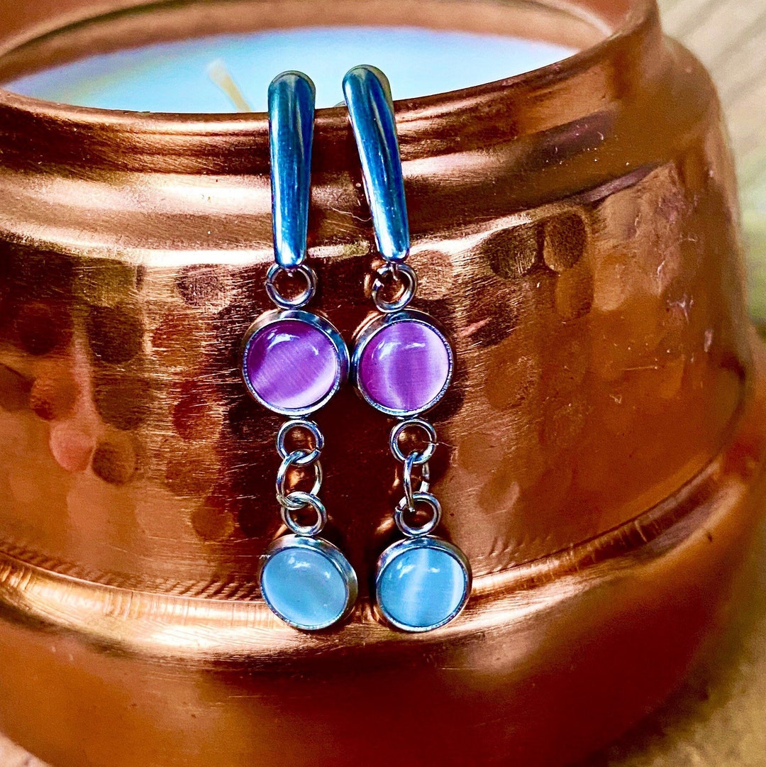 Cat's Eye Gemstone Dangling Earrings, 6mm Round Stones, Moonstone, Pink ...