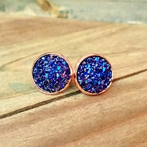 Metallic purple & blue druzy studs, rose gold settings, round, 12mm, USA, dome shape drusy cabochon, rainbow druzy, quartz