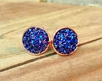 Handmade Rose Gold Druzy Stud Earrings: 12mm Hypoallergenic Cabochons