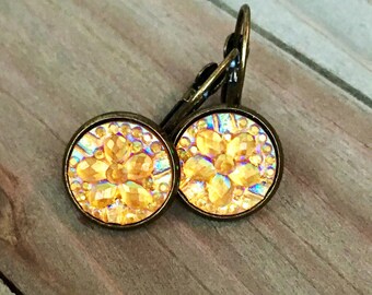 Orange Floral Leverback Earrings: Handmade Bronze Flower Dangles
