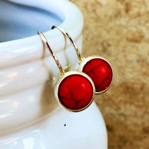 Roodturkoois oorbellen met hendel, sterlingzilver .925, edelsteen, 8 mm, rond, kleine edelsteenoorbellen, sterlingzilveren oorbellen met hendel