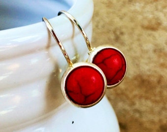 Red Turquoise Lever Back Earrings, Sterling Silver .925, Gemstone, 8mm, Round, Small Gemstone Earrings, Sterling Silver Lever-Back Earrings