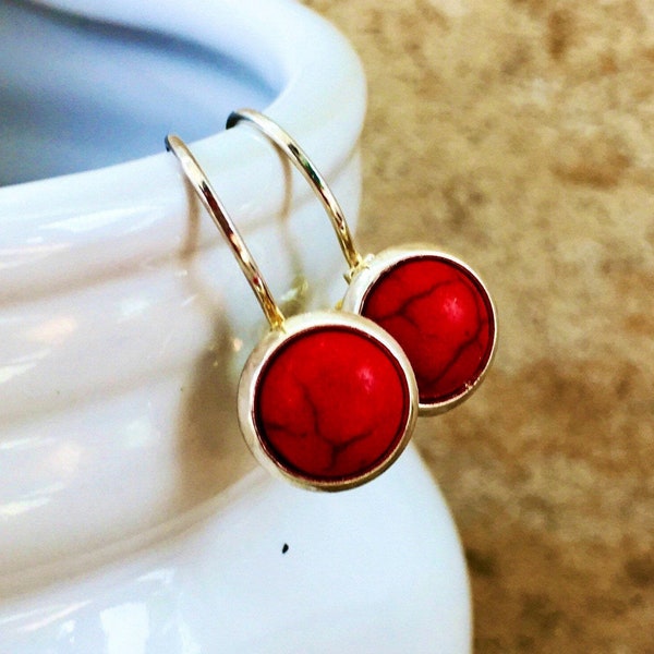 Red Turquoise Lever Back Earrings, Sterling Silver .925, Gemstone, 8mm, Round, Small Gemstone Earrings, Sterling Silver Lever-Back Earrings